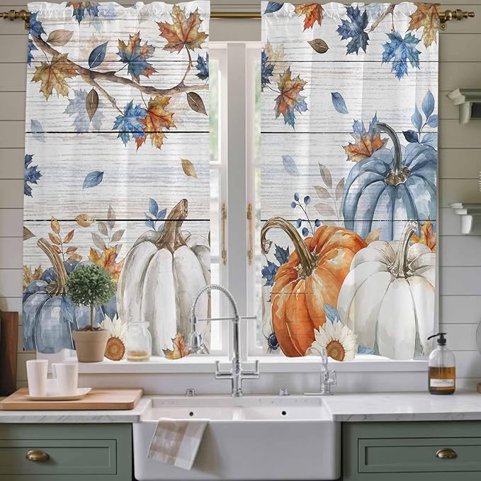 Thanksgiving Pumpkin Window Curtains 63 Inch Long 2 Panel Set, Rod Pocket Bedroom Curtains & Drapes, Fall Maple Leaf Daisy Wooden Grain Light Filtering Window Treatment for Living Room 42"W x 63"L