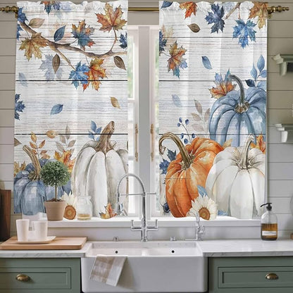 Thanksgiving Pumpkin Window Curtains 63 Inch Long 2 Panel Set, Rod Pocket Bedroom Curtains & Drapes, Fall Maple Leaf Daisy Wooden Grain Light Filtering Window Treatment for Living Room 42"W x 63"L