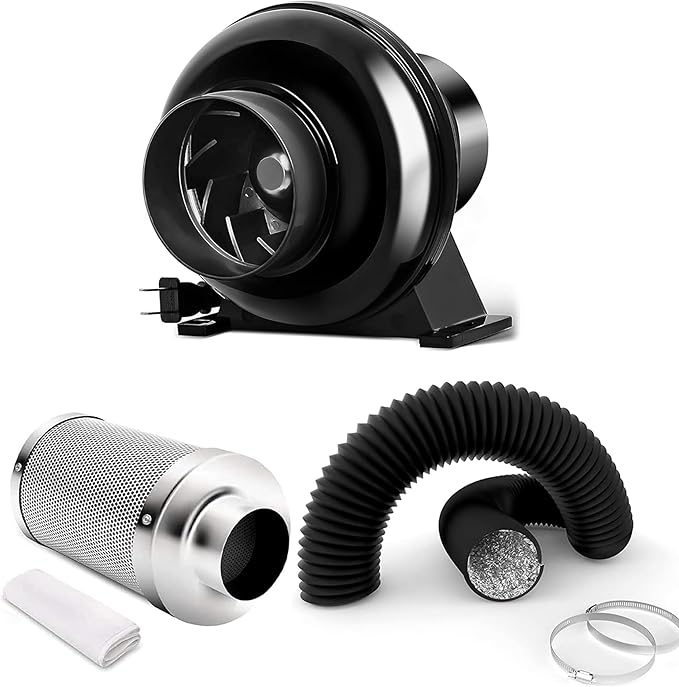 iPower 4 Inch 195 CFM Inline Fan Circulation Vent Blower, Air Carbon Filter and 8 Feet Aluminum 4 Layer Protection Ducting, Combo for Grow Tent, Greenhouse, Kitchen, Basement
