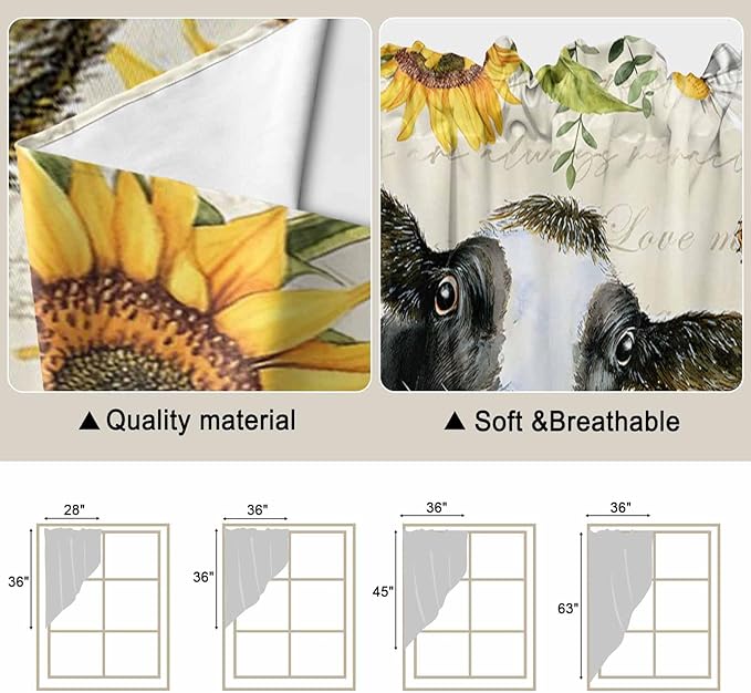 Yellow Sunflowers Swag Valances for Windows, Country Cow Flower Butterfly Farmhouse Cream Rod Pocket Kitchen Curtains Valance, Kitchen Window Curtains Swag for Cafe Living Room, 2 Panels, 36x45 inch
