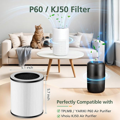 P60 Replacement Filters for YARIKI/TPLMB P60 Air Purifier, for Vhoiu KJ50 Air Purifier, 3 Layer Filtration with Nylon Pre-Filter, HEPA Filter & Carbon Filter, 4 Pack