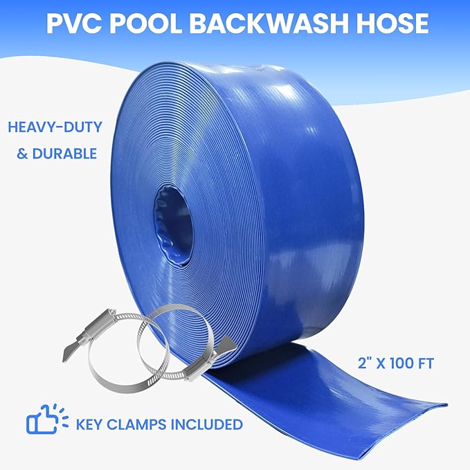 Poolvio Backwash Hose 2" x 100 ft, Blue Lay-Flat PVC Drain Hose with 2 Stainless Steel Thumb Screw Clamps, Tear-Resistant & Leak-Free for Swimming Pool Filter Cleaning, Flooded Area, Pond Draining