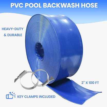 Poolvio Backwash Hose 2" x 100 ft, Blue Lay-Flat PVC Drain Hose with 2 Stainless Steel Thumb Screw Clamps, Tear-Resistant & Leak-Free for Swimming Pool Filter Cleaning, Flooded Area, Pond Draining