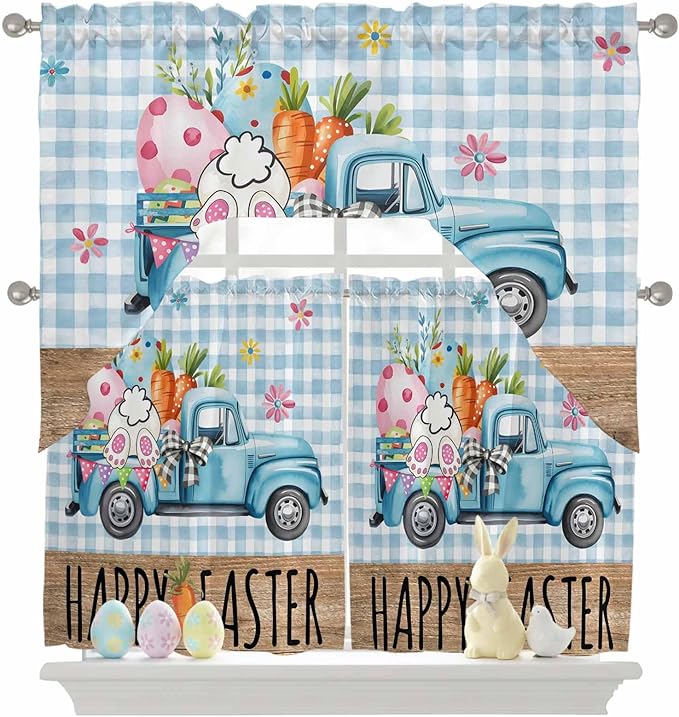 Swag Valance Curtains, Easter Truck with Rabbit Eggs Carrot Rod Pocket Valances Swag Topper for Kitchen Windows, Wood Barn and Blue Checker Light Filtering Short Curtain for Bedroom Bathroom 56x36In