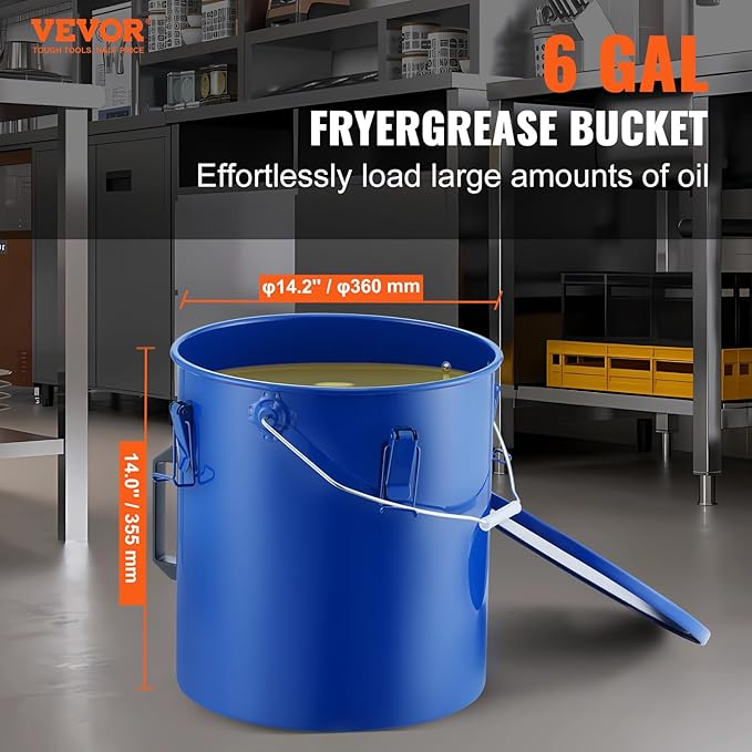 VEVOR Fryer Grease Bucket - 6 Gal Carbon Steel Oil Disposal Caddy with Rust-Proof Coating, Transport Container with Lid, Lock Clips, Filter Bag for Hot Cooking Oil Filtering