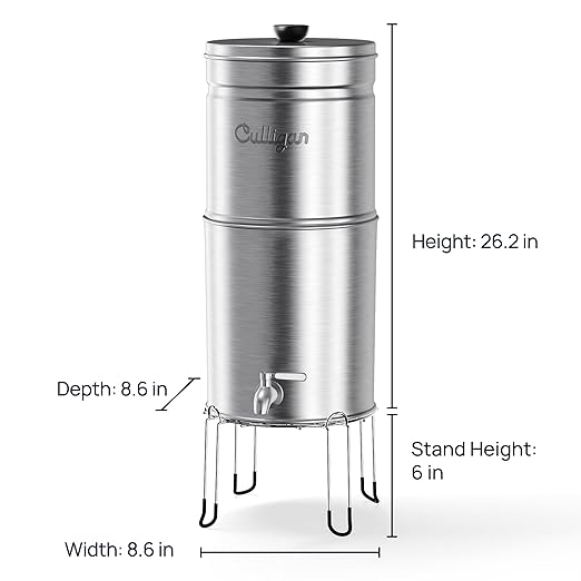 Culligan MaxClear 2.25 Gallon Gravity Water Filter System, Brushed Stainless-Steel Countertop Water Filter NSF/ANSI Certified to Reduce Microplastics, Lead & Total PFAS, with 2 Ceramic Filters