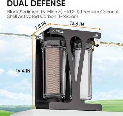 PUREPLUS RV Dual Stage Water Filter System, Includes Two Cartridges and Mounting Bracket, NSF/ANSI 42 Certified, Reduces Sediment, Heavy Metals, Chlorine and More, with Stainless Steel 3/4" Fittings