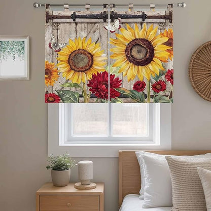 Sunflowers Bedroom Curtains 63 Inch Length, Window Curtains Tab Top, Retro Flower Barn Doors Butterfly Farmhouse Brown Light Filtering Window Treatments Drapes 42"x63" 2 Panel