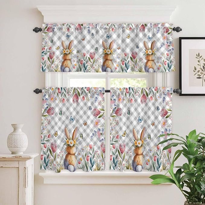 Kitchen Curtains Tiers and Valance Set of 3, Easter Light Filtering Window Curtain Set, Spring Rabbit Butterfly Botanical Florals Grey Plaid Rod Pocket Curtain Drapes for Living Room, 36 Inches Tiers
