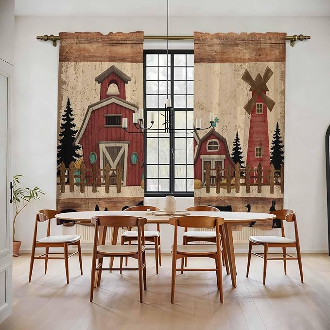 Brown Farmhouse Kitchen Curtains, Vintage Country Animals Wooden Grain Light Filtering Window Curtain Panels, 2Pcs Rod Pocket Window Treatments Set for Living Room Bathroom Bedroom 52x72 Inches