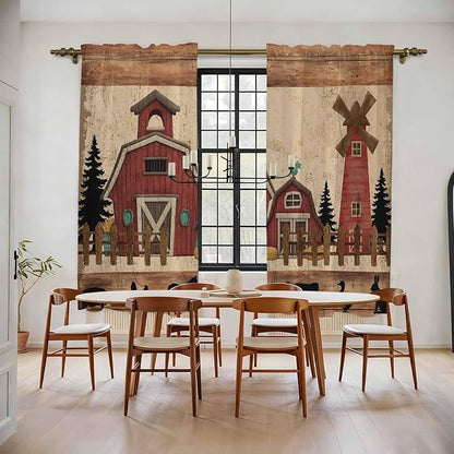 Brown Farmhouse Kitchen Curtains, Vintage Country Animals Wooden Grain Light Filtering Window Curtain Panels, 2Pcs Rod Pocket Window Treatments Set for Living Room Bathroom Bedroom 52x72 Inches