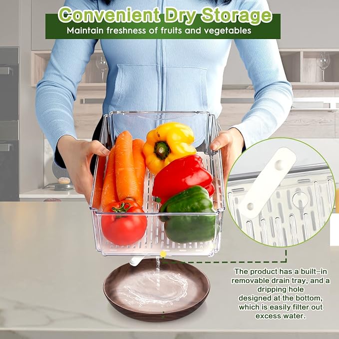6 Pack Fridge Organizer, Stackable Refrigerator Organizer Bins with Lids, BPA-Free Fridge Organizers and Storage Containers for Fruit, Vegetable, Food, Drinks, Cereals, Clear