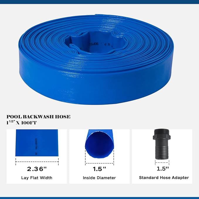Eastrans 1 1/2 in x 100 ft Pool Backwash Hose Kit with Male NPT Adapter,Heavy Duty Discharge Pump Hose for Swimming Pool,Reinforced Pool Drain Hose with 2 Clamps and Thread Seal Tape,6 Bar