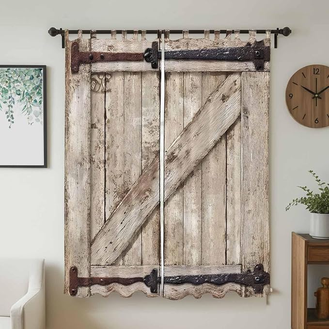 Farmhouse Wood Grain Living Room Curtains 96 Inch Length, Window Curtains Tab Top, Vintage Country Barn Gate Brown Light Filtering Window Treatments Drapes 52"x96" 2 Panel