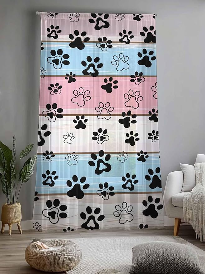 Sheer Curtains 96 Inches Long, Pink Blue Paw Print Semi Sheer Curtains Light Filtering Window Treatment, Vintage Farmhouse Wooden Grain Privacy Voile Drapes for Living Room Bedroom 52x96 Inch