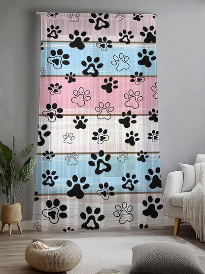 Sheer Curtains 96 Inches Long, Pink Blue Paw Print Semi Sheer Curtains Light Filtering Window Treatment, Vintage Farmhouse Wooden Grain Privacy Voile Drapes for Living Room Bedroom 52x96 Inch