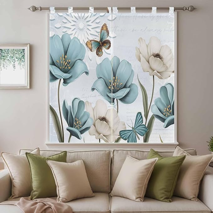 Blue Tulips Living Room Curtains 84 Inch Length, Window Curtains Tab Top, Watercolor Flowers Butterfly Spring Farmhouse Blue Light Filtering Window Treatments Drapes 42"x84" 2 Panel