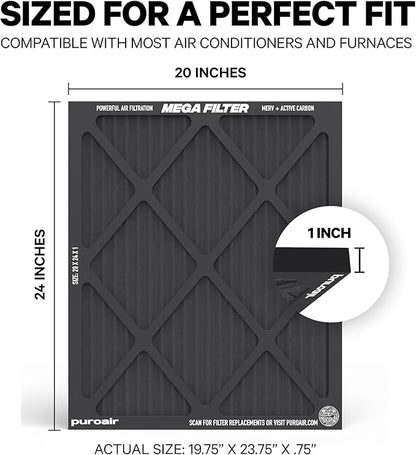 PuroAir MegaFilter - 20x24x1 Air Filter MERV 13 Activated CarbonTech Defense - Heavy Duty 3 Layer Furnace Filters Allergens, Pollen, Dust, Pet Dander, Smoke, Odors - HVAC Air Filter 20x24x1 (2-Pack)