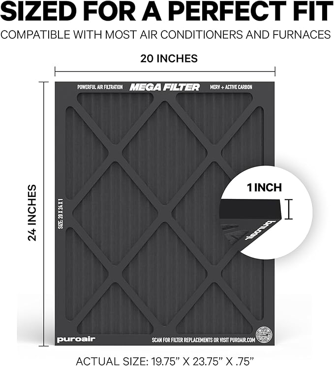 PuroAir MegaFilter - 20x24x1 Air Filter MERV 13 Activated CarbonTech Defense - Heavy Duty 3 Layer Furnace Filters Allergens, Pollen, Dust, Pet Dander, Smoke, Odors - HVAC Air Filter 20x24x1 (1-Pack)