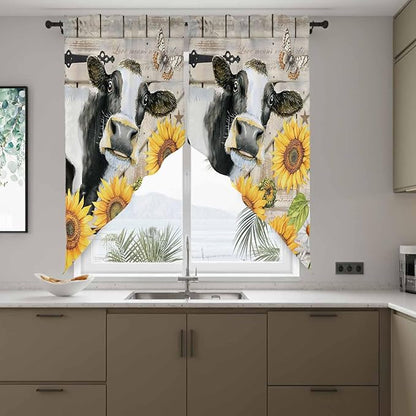 Yellow Sunflowers Swag Valances for Windows, Farmhouse Cow Barn Doors Floral Butterfly Rod Pocket Kitchen Curtains Valance, Small Window Curtains Swag for Cafe Living Room, 2 Panels, 36x36 inch