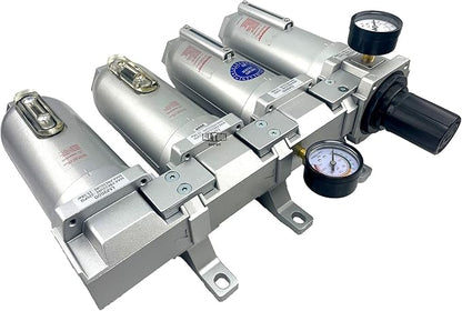 4 STAGE SUPER DUTY INDUSTRIAL GRADE ULTRA CLEAN FILTER REGULATOR COALESCING DESICCANT DRYER SYSTEM FOR COMPRESSED AIR LINES METAL BOWLS GREAT FOR PAINT SPRAY AND PLASMA CUTTER (1"NPT MANUAL DRAIN)