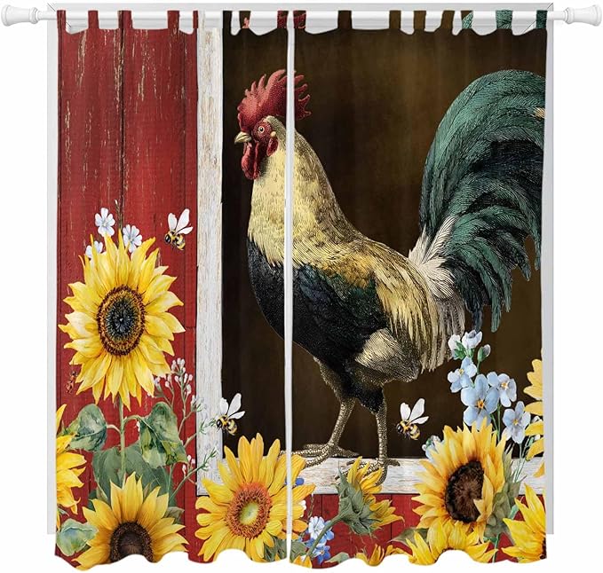 Chicken Sunflowers Living Room Curtains 84 Inch Length, Window Curtains Tab Top, Farmhouse Animals Red Barn Bees Light Filtering Window Treatments Drapes 52"x84" 2 Panel