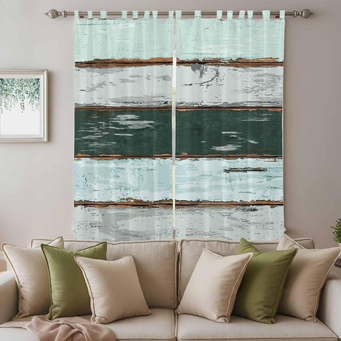 Blue Teal Living Room Curtains 96 Inch Length, Window Curtains Tab Top, Vintage Wooden Retro Art Farmhouse Barns Light Filtering Window Treatments Drapes 52"x96" 2 Panel