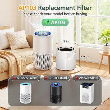 AP103 Replacement Filter Compatible with AromaRoom AP103 Air Purifier, 3-IN-1 Nylon Pre-Filter, HEPA Air Filter and Activated Carbon Filter, 2+4 Pack(White)