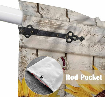 Red Yellow Sunflowers Swag Valances for Windows, Retro Rustic Barn Doors Butterfly Brown Rod Pocket Kitchen Curtains Valance, Small Window Curtains Swag for Cafe Living Room, 2 Panels, 36x36 inch