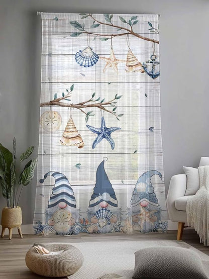 Sheer Curtains 84 Inches Long, Coastal Eucalyptus Semi Sheer Curtains Light Filtering Window Treatment, Ocean Blue Gnomes Starfish Leaf Wood Grain Privacy Voile Drapes for Living Room 52x84 Inch