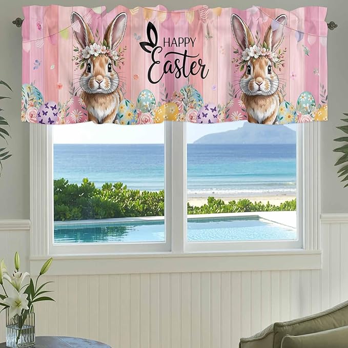 Easter Curtain Valances for Windows, Kitchen Valance Window Treatment, Spring Rabbit Eggs Flowers Flags Leaves Wood Grain Light Filtering Block Curtains for Bathroom/Bedroom/Living Room 60'' x 18''