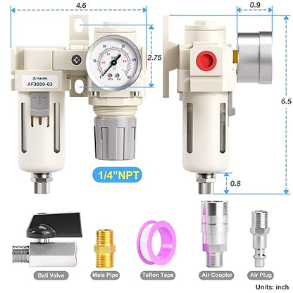 TAILONZ PNEUMATIC 3/8 Inch NPT 2 in 1 Air Filter Pressure Regulator Combo Piggyback, Air Tool Compressor Filter with Gauge AF3000+AR3000
