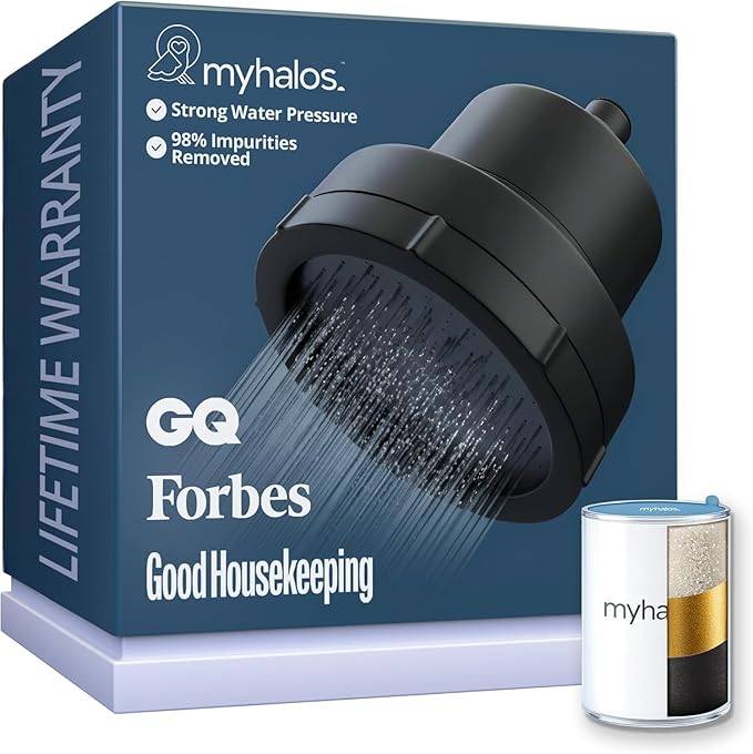 MyHalos® Filtered Shower Head for Hard Water Filter - High Pressure, Removes Chlorine - Shower Head Filter for Hard Water Softener Showerhead, Easy Install, For Hair & Skin, Filtering (Black)
