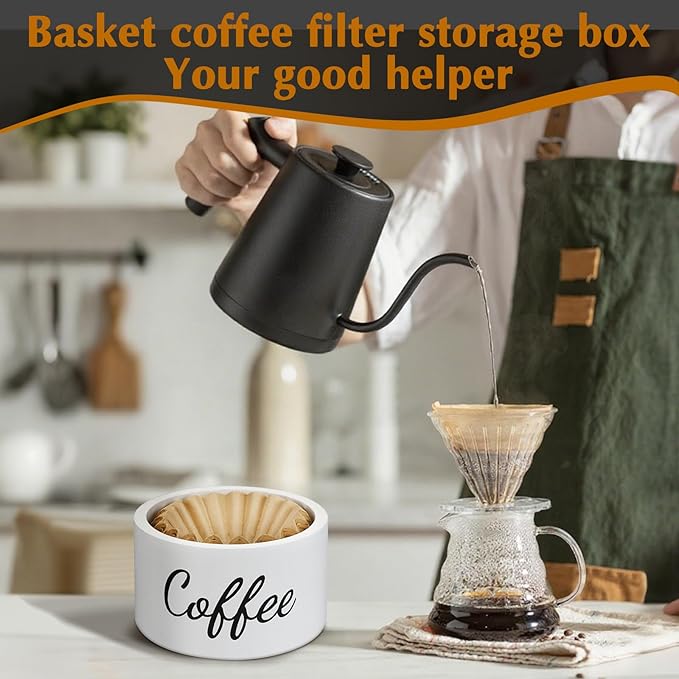 Wooden Coffee Filter Holder with Lid, Basket Coffee Filter Storage Container for Counter, Rustic Farmhouse Café Bar Decor, 50 Count Capacity (White)