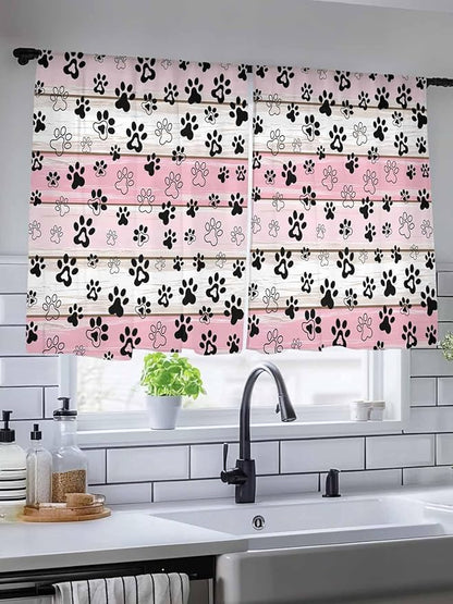 Sheer Curtains 54 Inch Length, Pink Beige Paw Print Semi Sheer Curtains Light Filtering Window Treatment, Vintage Farmhouse Country Wooden Grain Privacy Voile Drapes for Living Room Bedroom 52x54 Inch