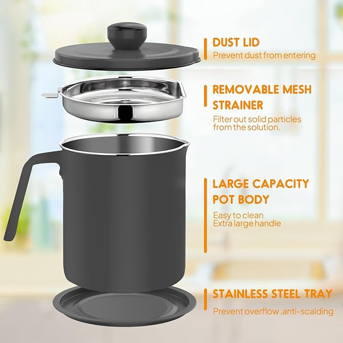 Chihee Grease Container Stainless Steel Bacon Grease Saver with Fine Mesh Strainer 2L / 67.6 fl oz Oil Container Grease Can with Dust-proof Lid Non-slip Tray for Kitchen Storing Frying Cooking Grease