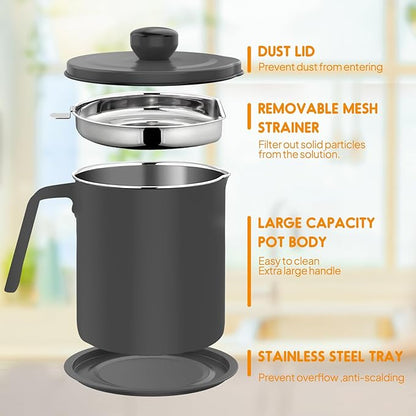 Chihee Grease Container Stainless Steel Bacon Grease Saver with Fine Mesh Strainer 2L / 67.6 fl oz Oil Container Grease Can with Dust-proof Lid Non-slip Tray for Kitchen Storing Frying Cooking Grease
