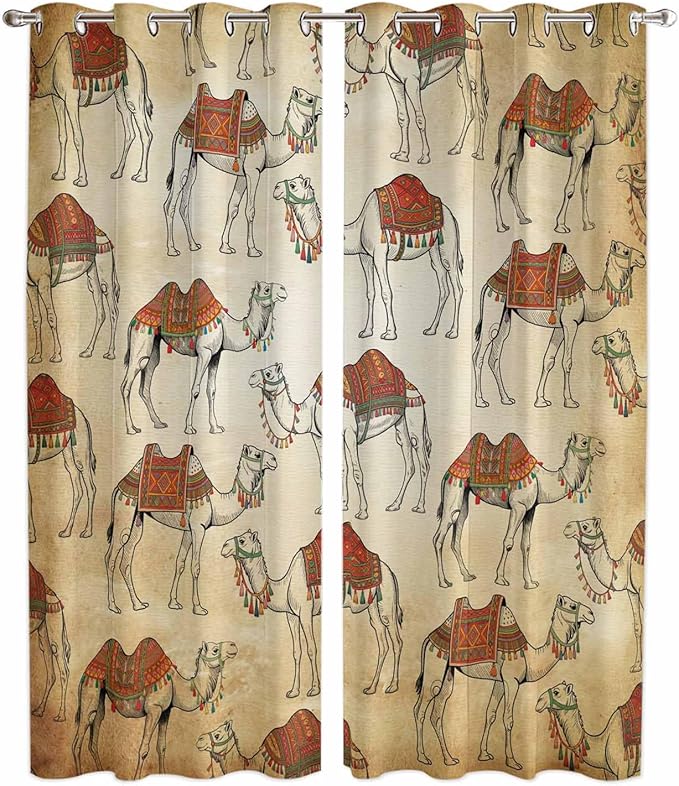 2 Panel Kitchen Cafe Curtains, Desert Sand Camel Sunlight Filtering Nature Air Through, Home Decor Window Covering Tier Curtains for Living Room 104W x 90L inch Summer Tropical Animals Vintage Beige
