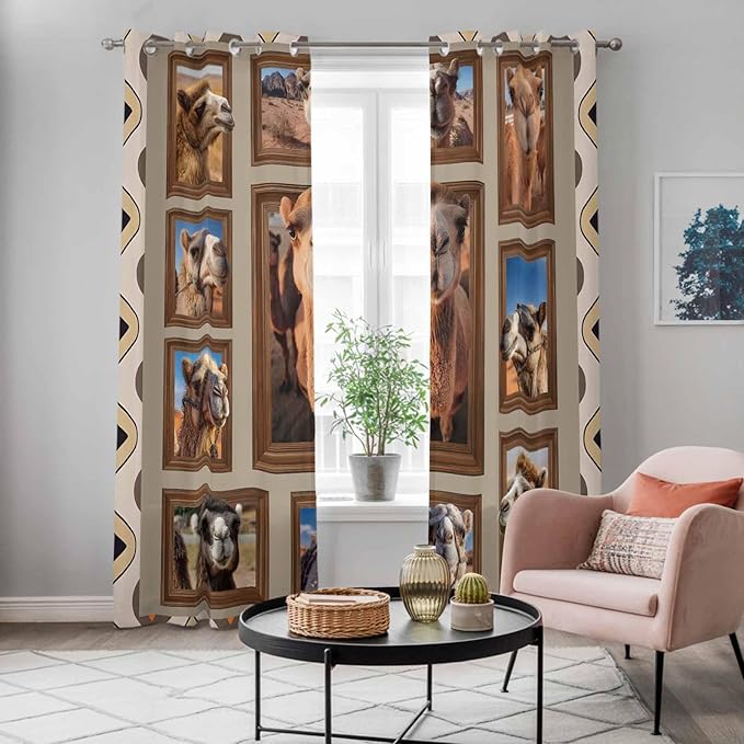 2 Panel Kitchen Cafe Curtains, Desert Camels Sunlight Filtering Nature Air Through, Home Decor Window Covering Tier Curtains for Living Room 80W x 84L inch Western Wildlife Brown Animals Country