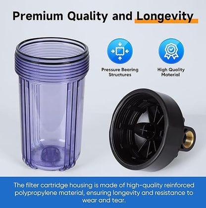 PUREPLUS 2-Stage Whole House Water Filtration System, 10" Universal Clear Housing, Reduces Sediment, Iron/Manganese, Chlorine, Taste & Odor, Ideal for Well Water, Pressure Gauges, 1" Inlet/Outlet