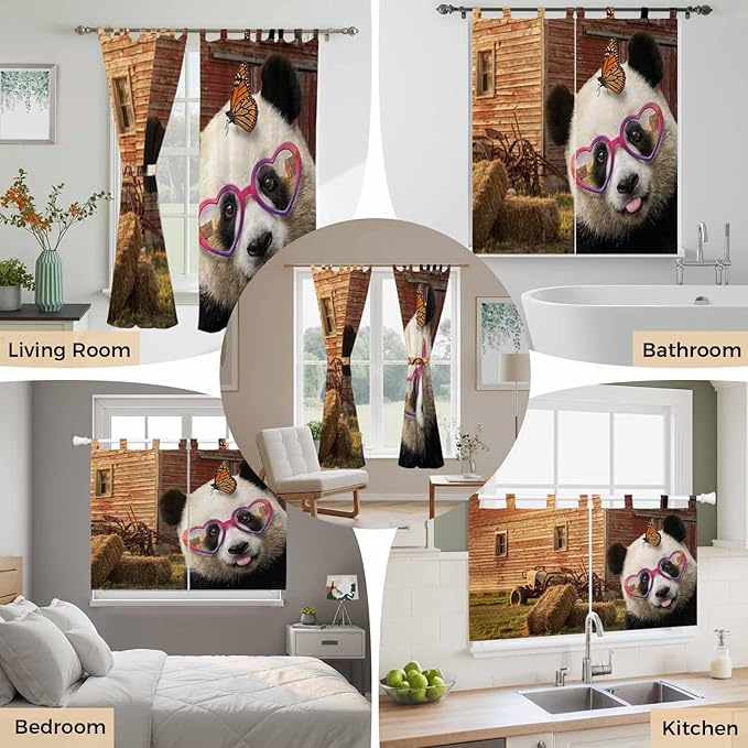 Farm Panda Bedroom Curtains 63 Inch Length, Window Curtains Tab Top, Farmhouse Barn Funny Animals Butterfly Light Filtering Window Treatments Drapes 42"x63" 2 Panel