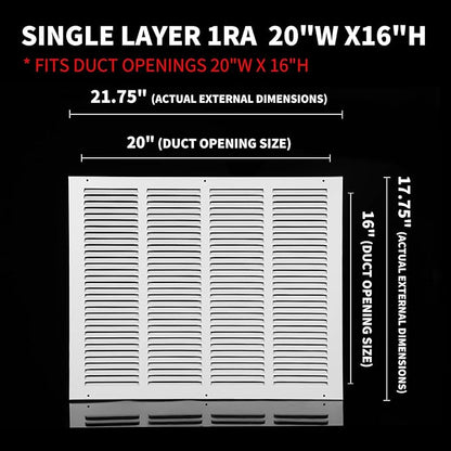 20x16 Air Return Grille(Duct Opening Size),Air Return Vent Cover,Flat Vent Cover,Rejillas De Aire Acondicionado Para Casa,Return Air Grilles,Outer Dimensions:21.75"Wx17.75"H(20"W x 16"H, Duct Opening)