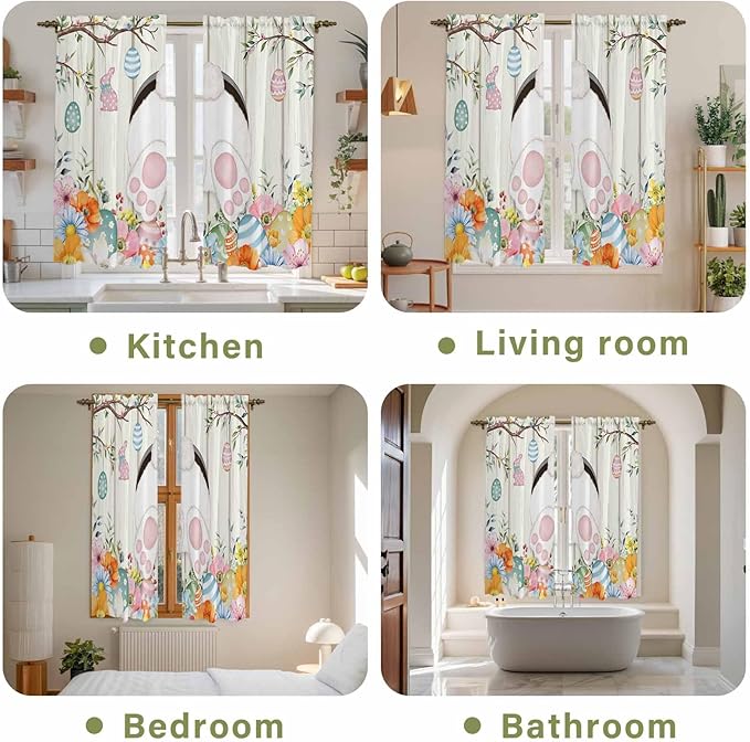 Easter Window Curtains 63 Inch Long 2 Panel Set, Rod Pocket Bedroom Curtains & Drapes, Spring Farmhouse Watercolor Bunny Eggs Wood Grain Light Filtering Window Treatment for Living Room 42"W x 63"L