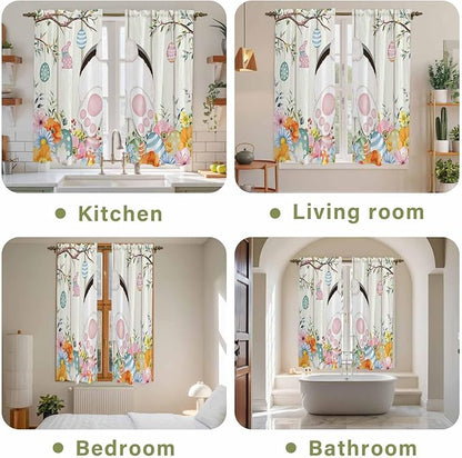 Easter Window Curtains 63 Inch Long 2 Panel Set, Rod Pocket Bedroom Curtains & Drapes, Spring Farmhouse Watercolor Bunny Eggs Wood Grain Light Filtering Window Treatment for Living Room 42"W x 63"L