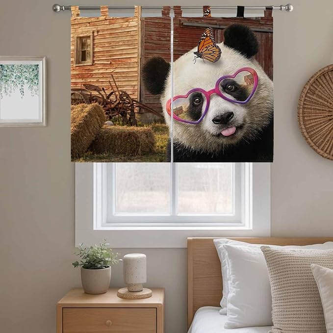 Farm Panda Kitchen Curtains 45 Inch Length, Short Cafe Window Curtains Tab Top, Farmhouse Barn Funny Animals Butterfly Light Filtering Window Treatments Tier Drapes 27.5"x45" 2 Panel