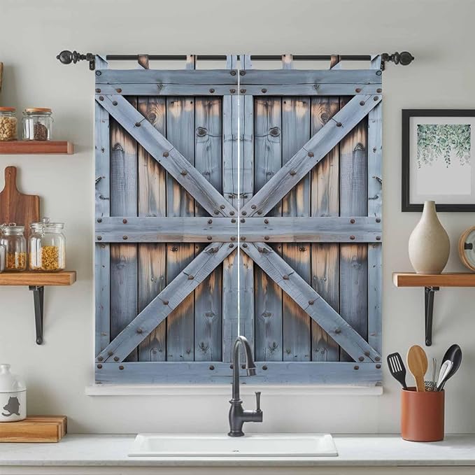 Farmhouse Wood Grain Bedroom Curtains 72 Inch Length, Window Curtains Tab Top, Vintage Country Barn Gate Textured Light Filtering Window Treatments Drapes 52"x72" 2 Panel