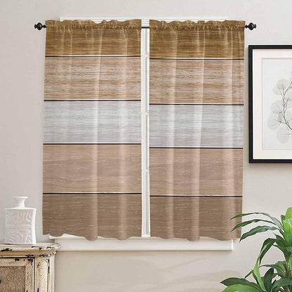 Retro Farm Wood Board Window Valance Curtains, Brown Graduality Striped Light Filtering Kitchen Valance with 3-inch Rod Pocket for Living Room Bathroom Bedroom,2 Panel,42x63In
