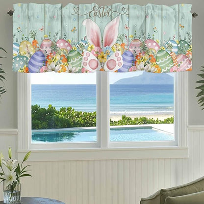 Easter Curtain Valances for Windows, Kitchen Valance Window Treatment, Spring Rabbit Ear Eggs Floral Green Wooden Grain Light Filtering Block Curtains for Bathroom/Bedroom/Living Room 54'' x 18''
