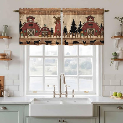 Brown Farmhouse Tier Curtains, Vintage Country Animals Wooden Grain Light Filtering Kitchen Curtains, 2Pcs Rod Pocket Half Window Treatments Panels for Sink Cafe Cabinet Camper 27.5x36 Inches