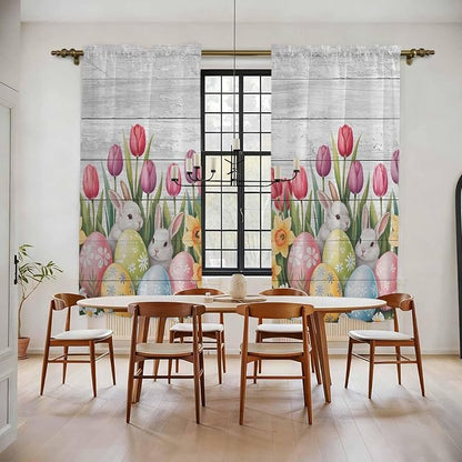 Easter Window Curtains 72 Inch Long 2 Panel Set, Rod Pocket Long Curtains & Drapes, Retro Spring Bunny Eggs Tulip Farm Wooden Grain Light Filtering Window Treatment for Bedroom Living Room 52"W x 72"L